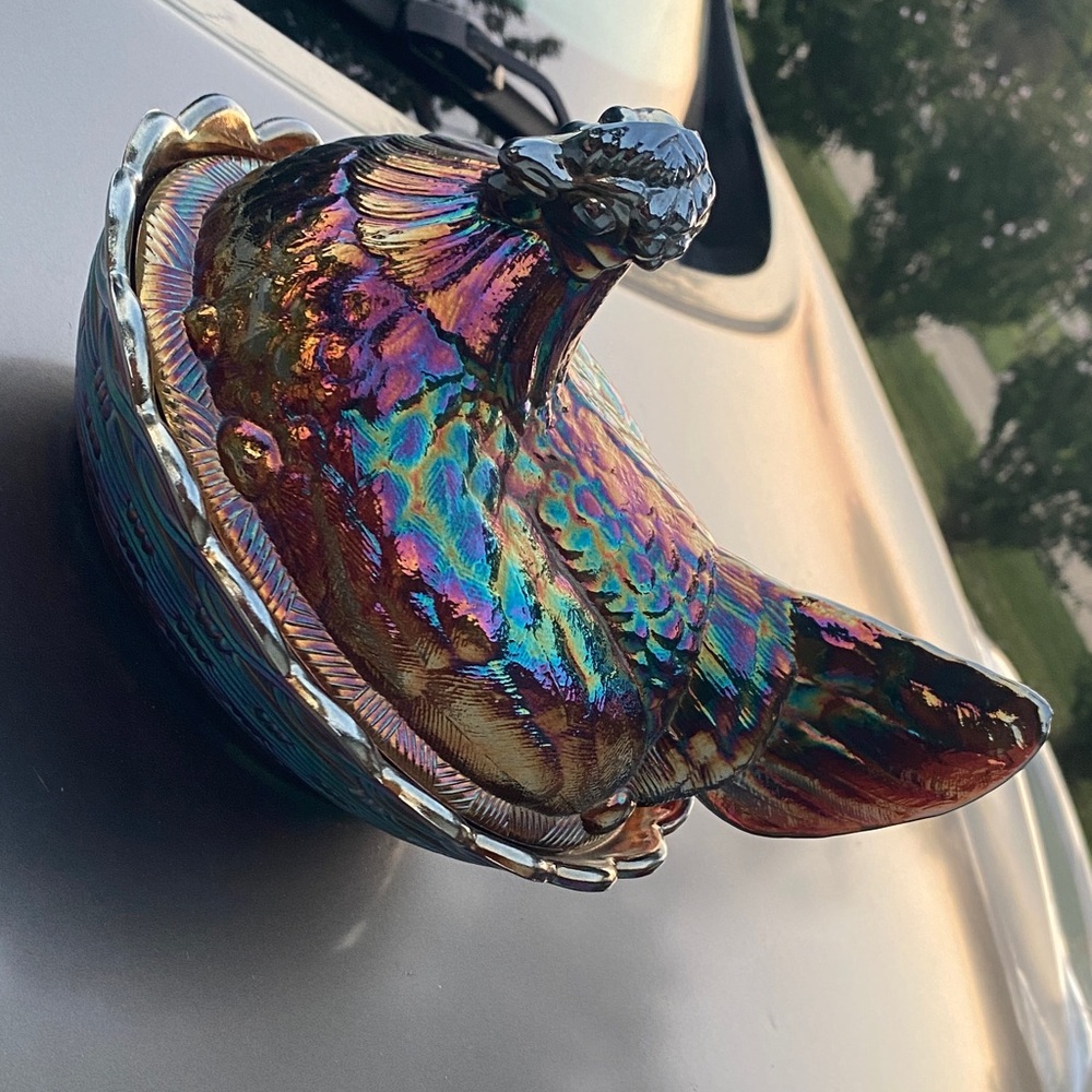 🍆💜💓vintage Fenton Carnival Glass Hen Nesting Dish💜💓